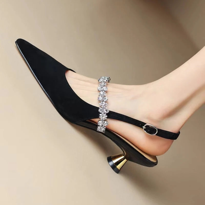 Women’s Rhinestone Slingback Mid Heel Pumps