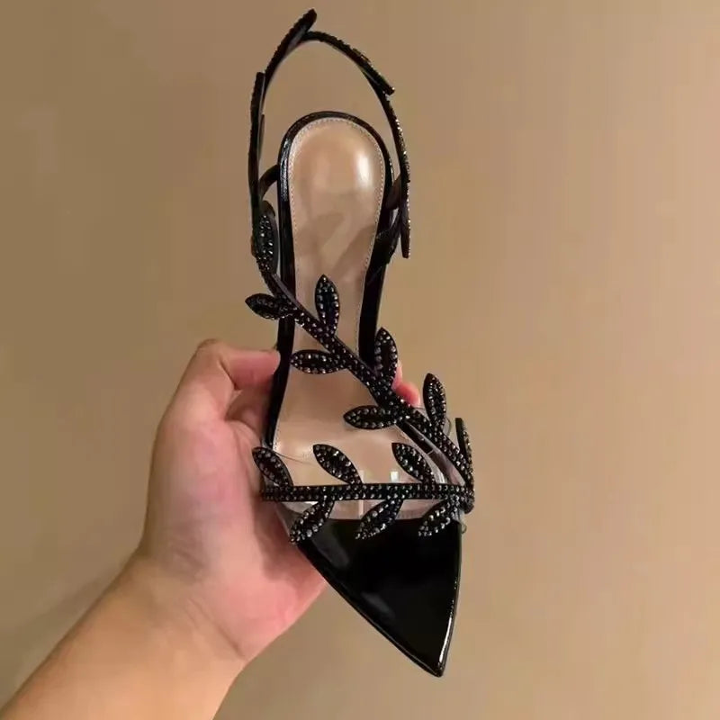 Summer Crystal Rhinestone Leaf High Heels Sandals