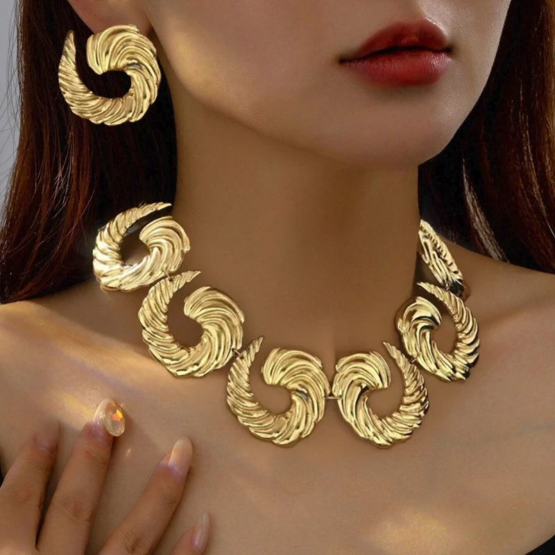 3pc/set Large Round Earrings Collar Necklace Set