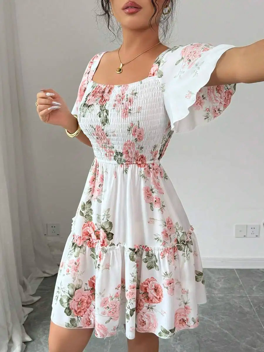 Women’s Floral Print Ruffle Hem Casual Dress with Sashes & Short Sleeves