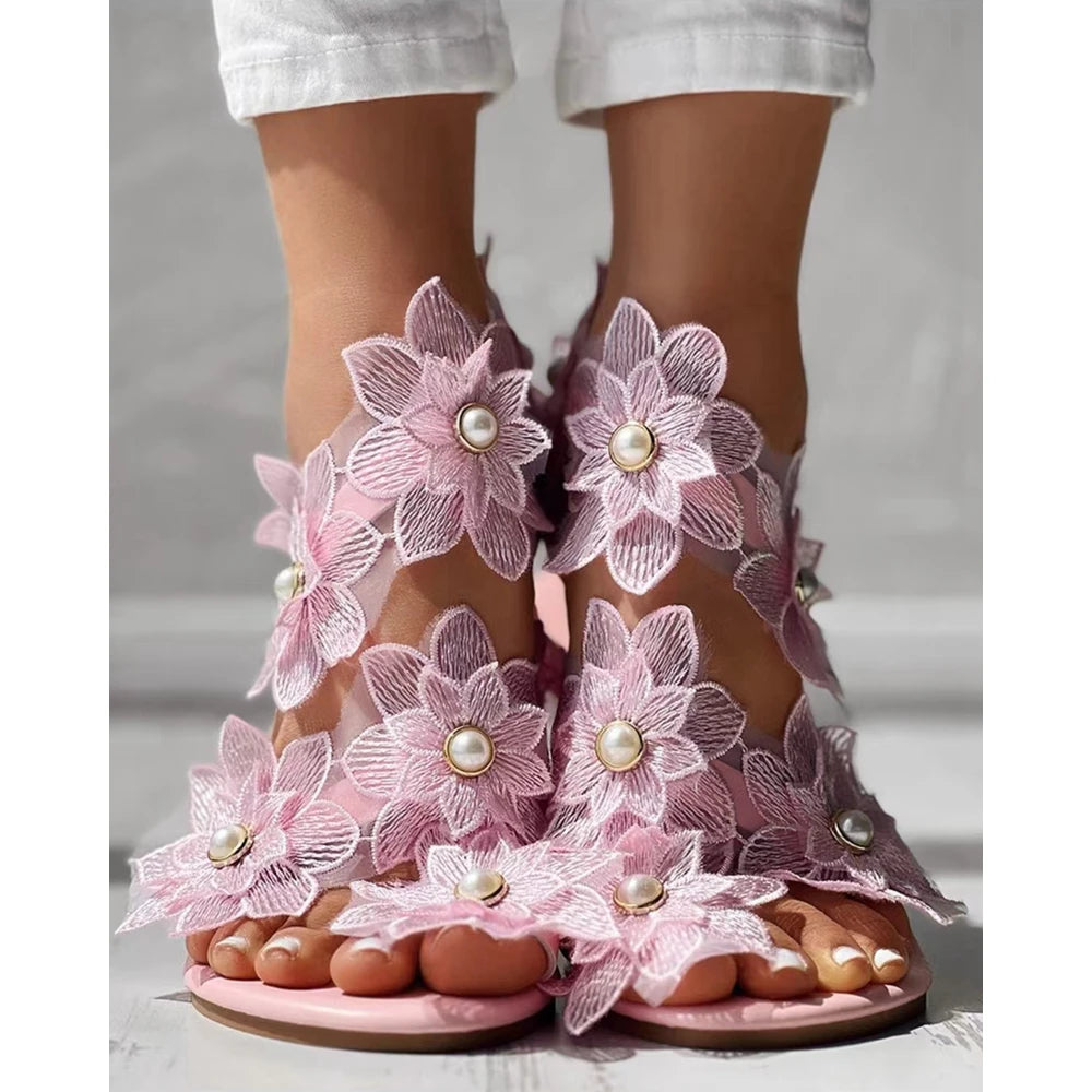 Beautiful Summer Ring Flower Flat Sandals