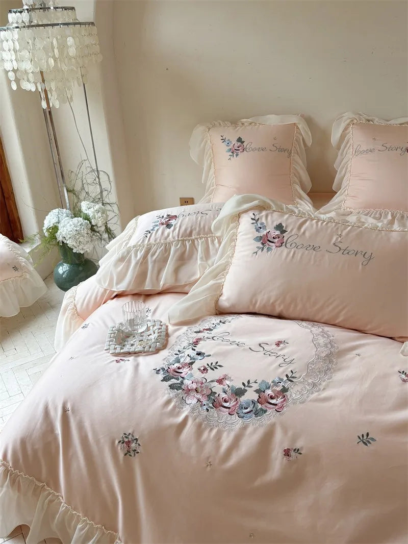 100% Egyptian Cotton Floral Embroidery Luxurious Bedding Set