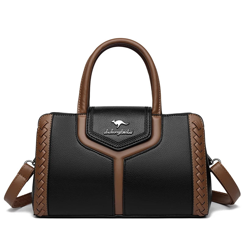 Two Color Genuine Soft Leather 3-layer Top-Handle Bag