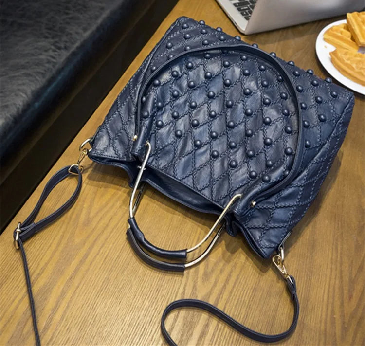Soft Black Genuine Leather Rivet Large Handbag