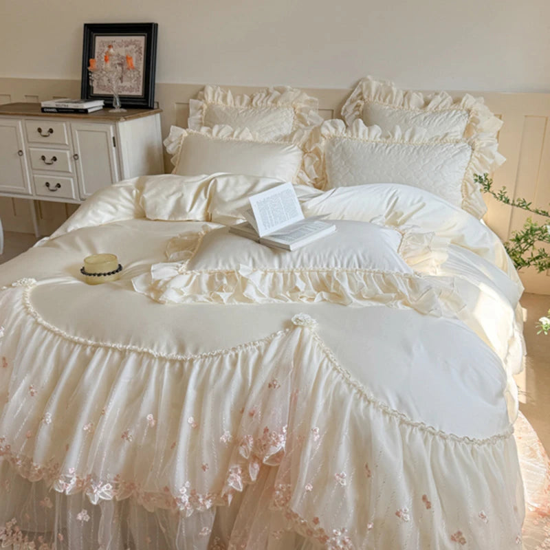 Elegant White/Pink Lace Ruffle Egyptian Cotton Bedding Set