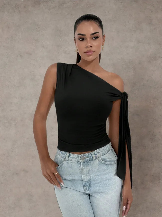 Women’s Elegant Sleeveless Slim Fit Top with Knot Necktie