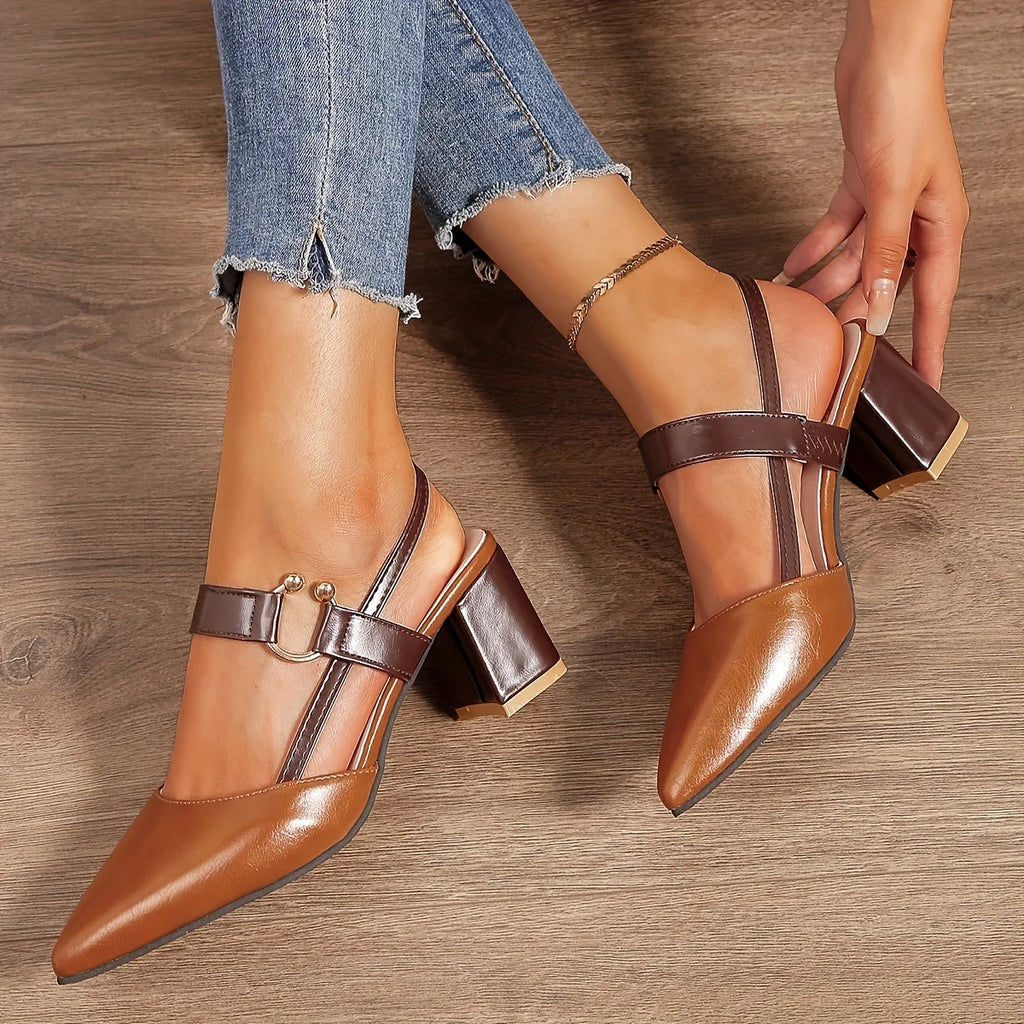 Two-Color Pointed Toe Block Sandals