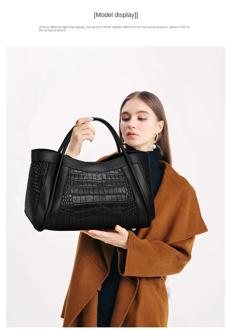 Oversized Crocodile Pattern Leather Tote Shoulder Bag