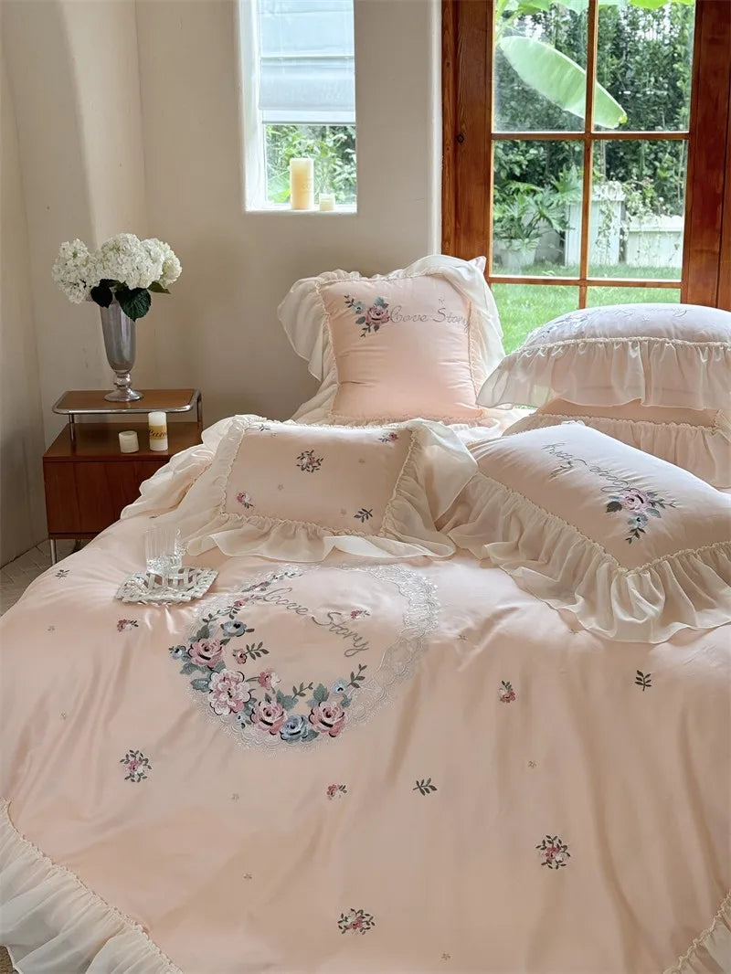 100% Egyptian Cotton Floral Embroidery Luxurious Bedding Set
