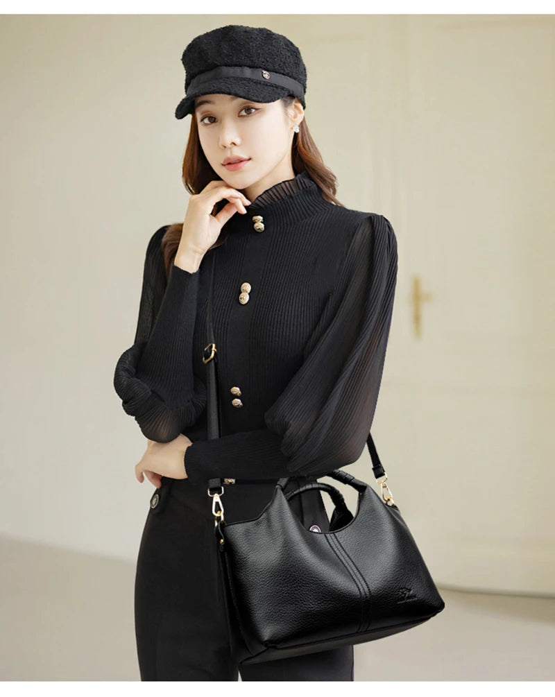 Leather Diagonal Crossbody Tote Bag
