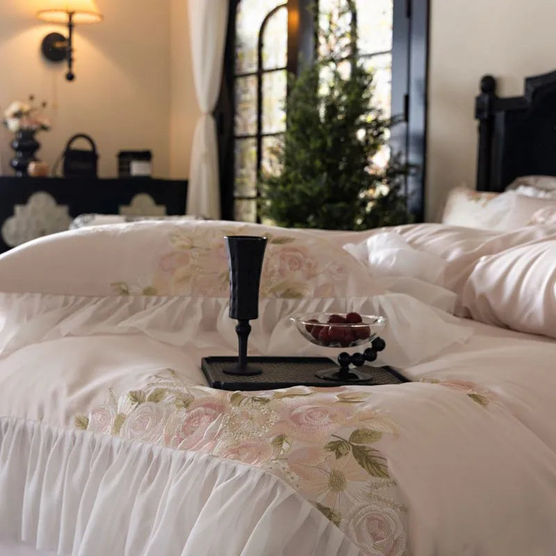 Beautiful Flowers Embroidery Ruffle Bedding Set 100% Cotton