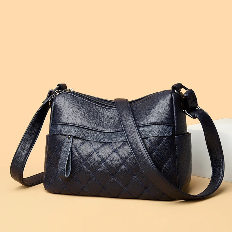 Checker Style Genuine Soft Leather Shoulder Bag