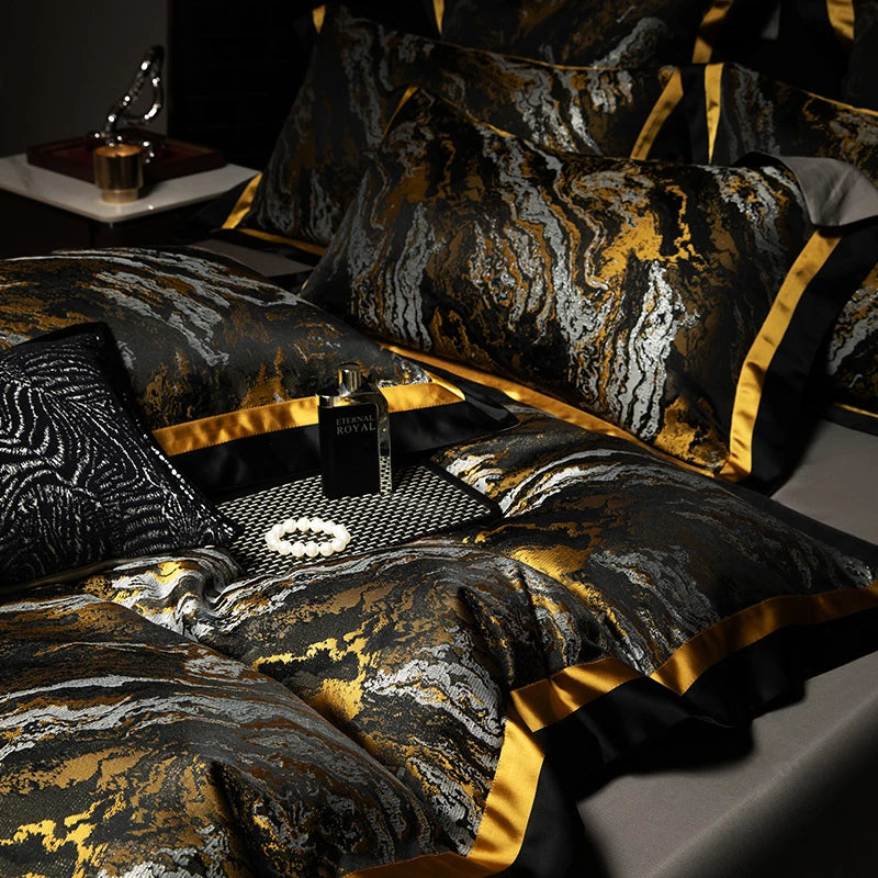 Luxury Black Gold Satin Jacquard Bedding Set 1000TC Cotton