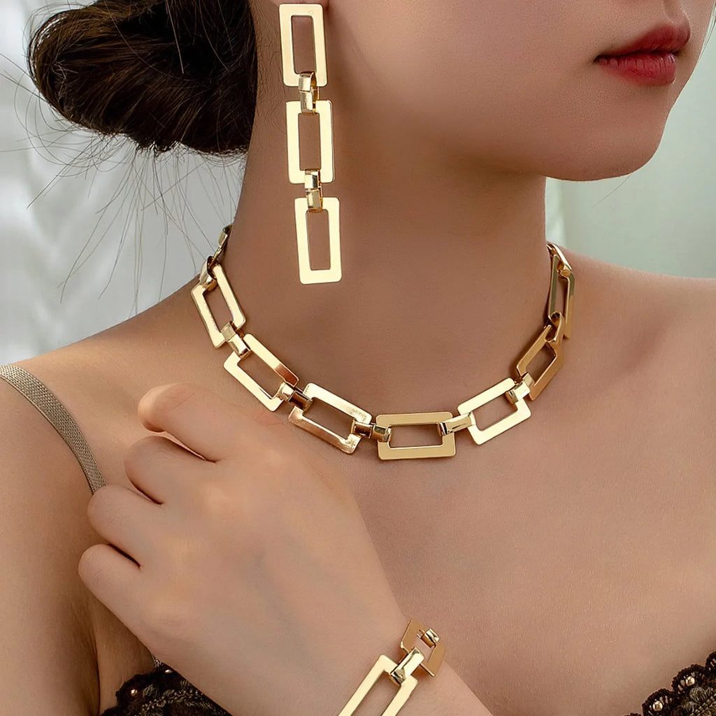3PCS Stainless Steel Geometric Necklace/Earrings/Bracelet Set