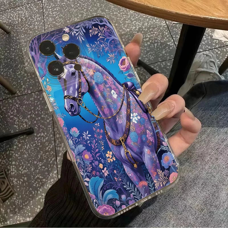 Golden Horse Diamond Printed Phone Case For iPhone