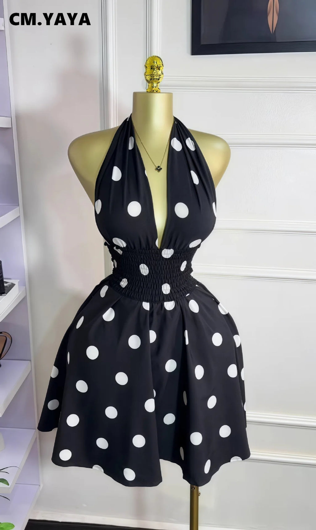 Women’s Polka Dot Sleeveless Halter V-Neck A-Line Mini Dress