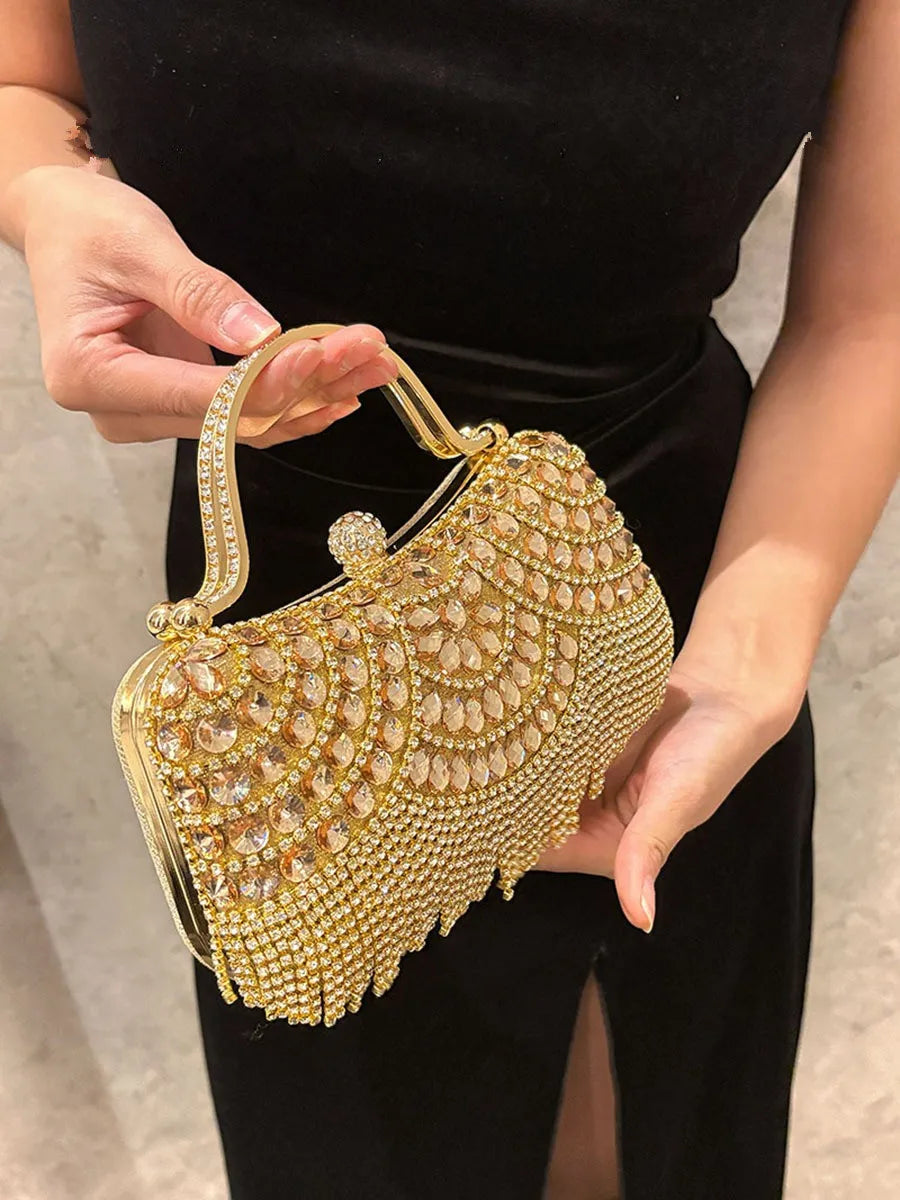 Diamond Evening Gold Clutch Tassel Bag