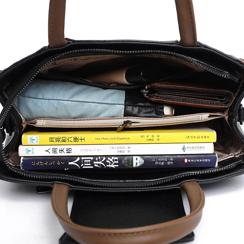 Two Color Genuine Soft Leather 3-layer Top-Handle Bag