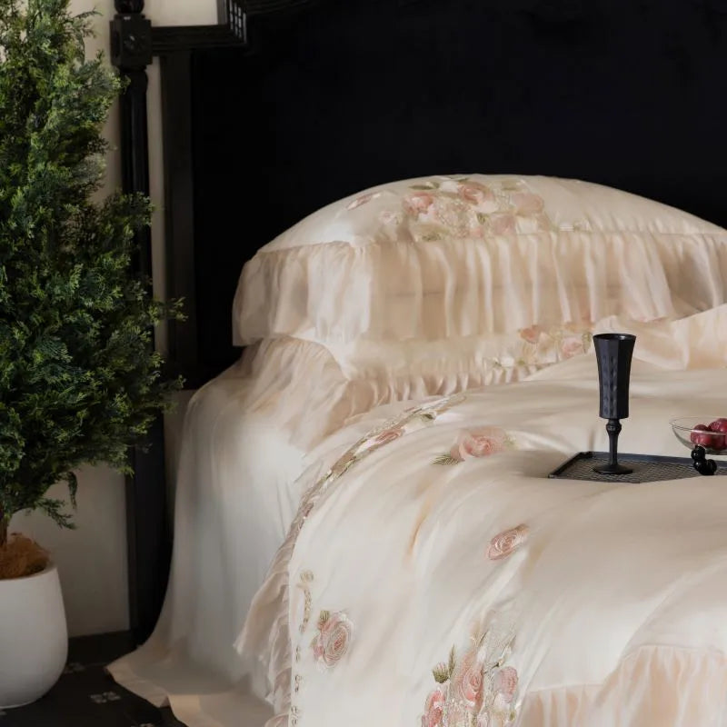 Beautiful Flowers Embroidery Ruffle Bedding Set 100% Cotton