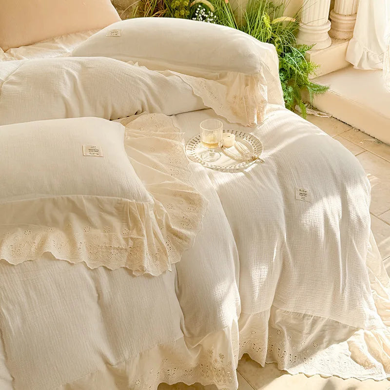 Elegant Wide Lace Solid Bedding Set
