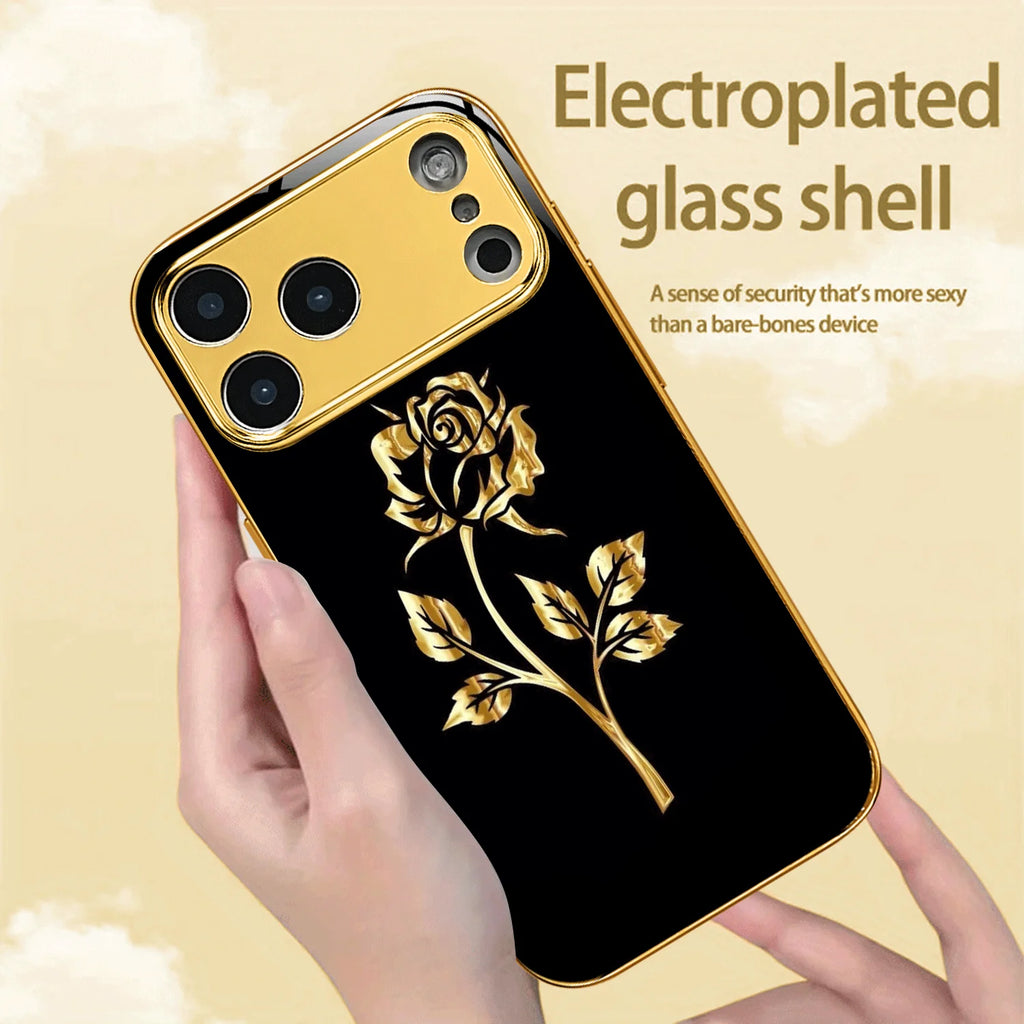 Electroplated Glass Rose Pattern Hard Shell Phone Case For iPhone