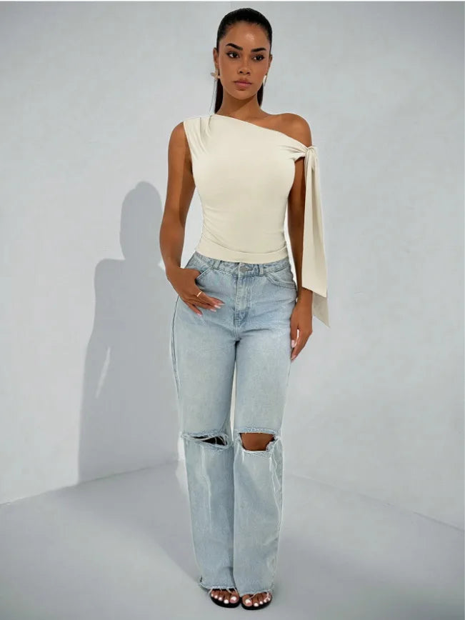 Women’s Elegant Sleeveless Slim Fit Top with Knot Necktie