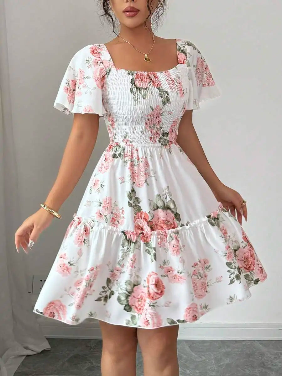 Women’s Floral Print Ruffle Hem Casual Dress with Sashes & Short Sleeves