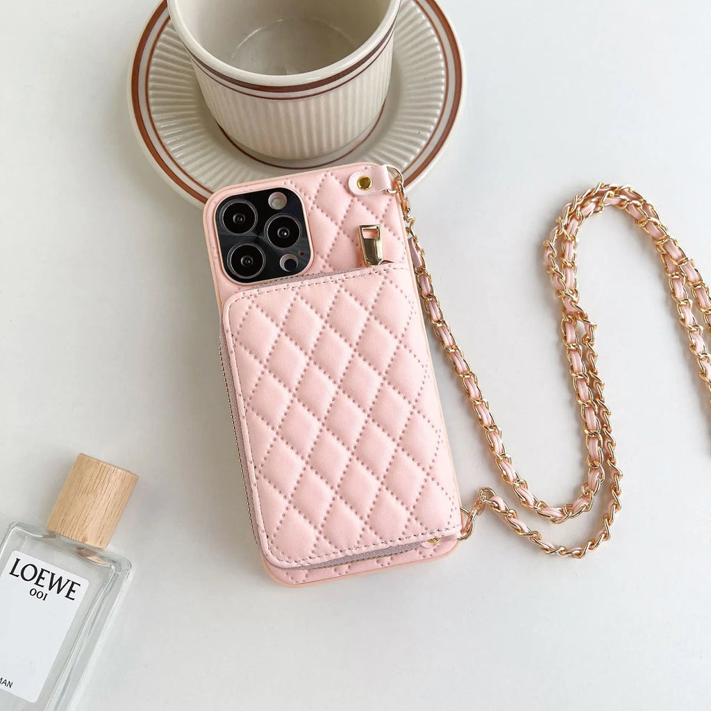 iPhone Crossbody Leather Case with Lanyard Strap – Wallet Card Holder Chain Phone Cover