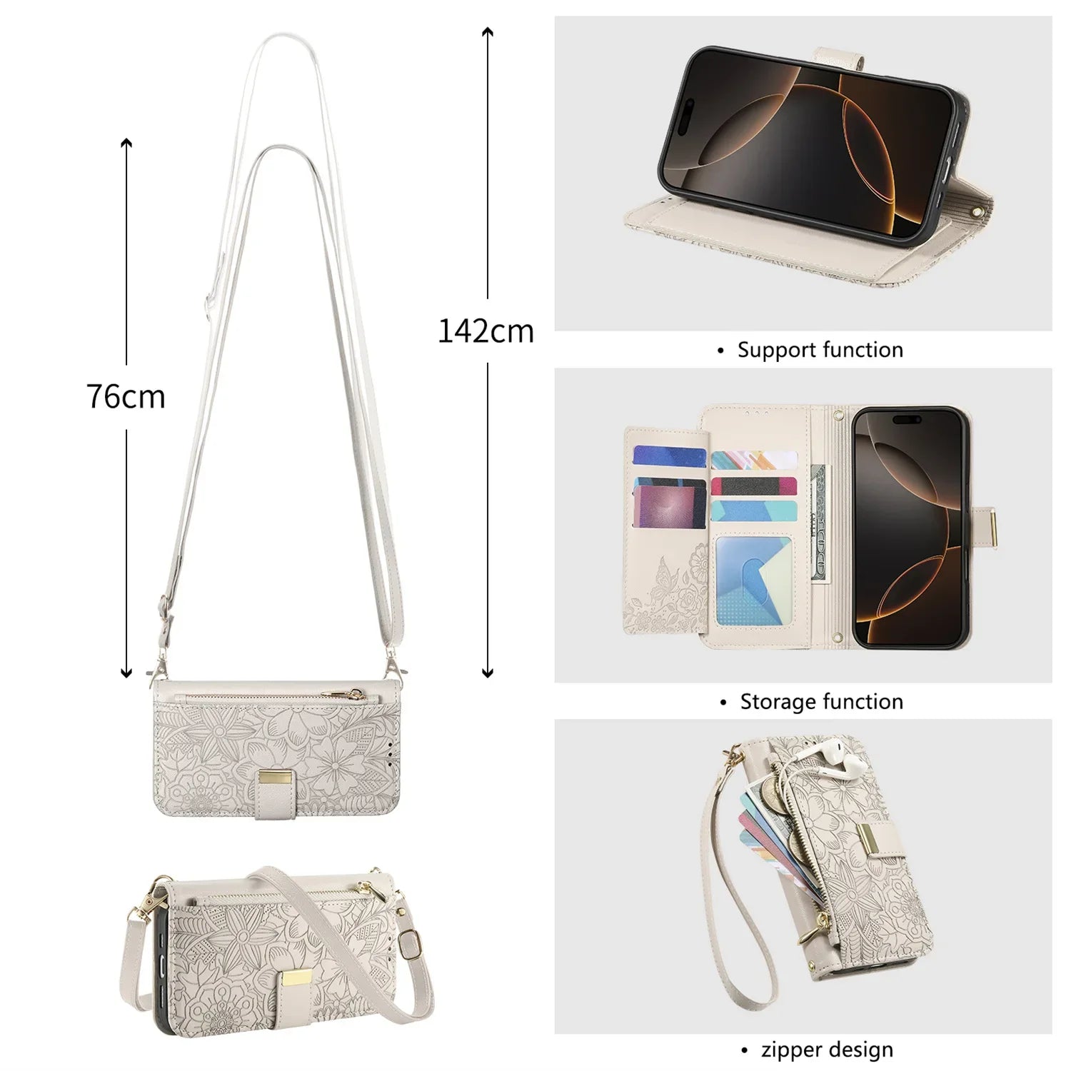 Leather Zipper Wallet Crossbody iPhone Case