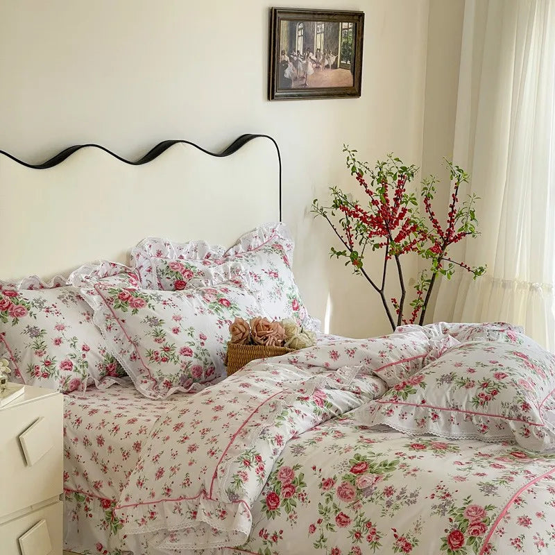 Elegant Ruffle Elegant Vintage Floral Bedding Set 100% Cotton