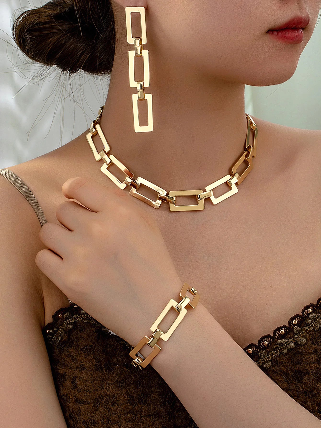 3PCS Stainless Steel Geometric Necklace/Earrings/Bracelet Set