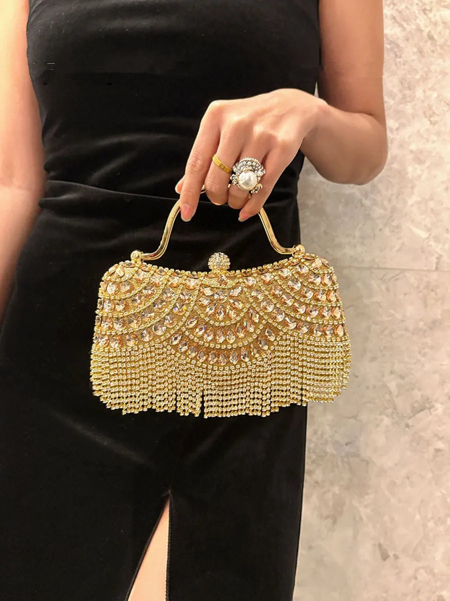 Diamond Evening Gold Clutch Tassel Bag