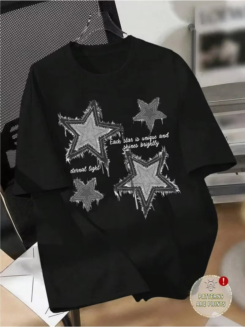 Distressed Denim Star Print Graphic T-Shirt