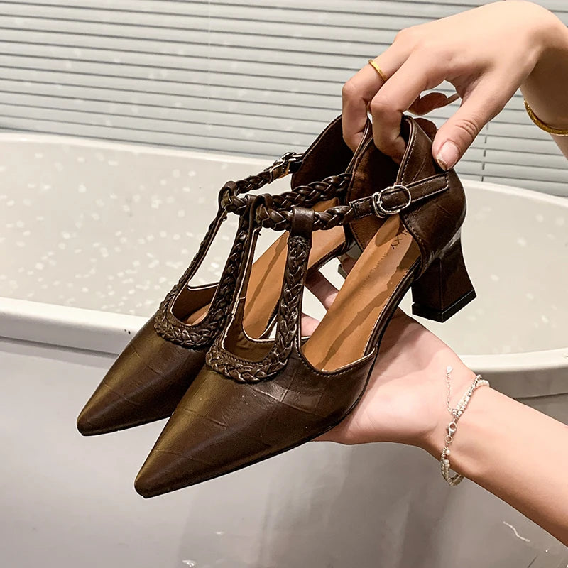 Women’s Pointed Toe T-Strap Mid Heel Sandals