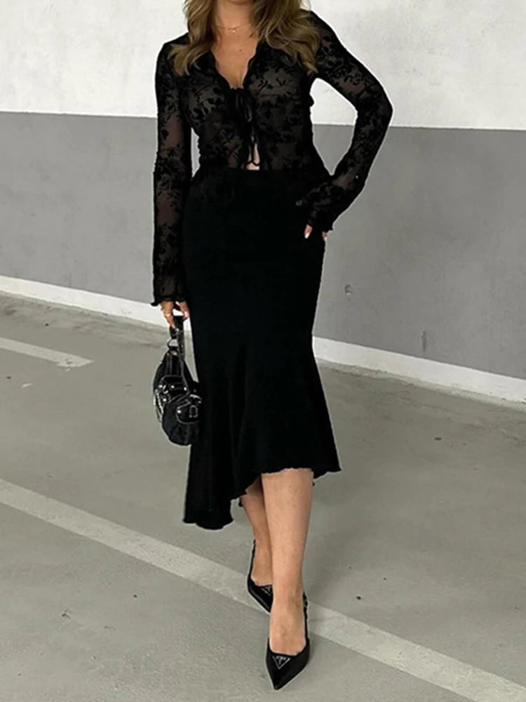 Women’s Fashionable Chiffon Slim Fit Ruffle Trumpet Sleeve Shirt