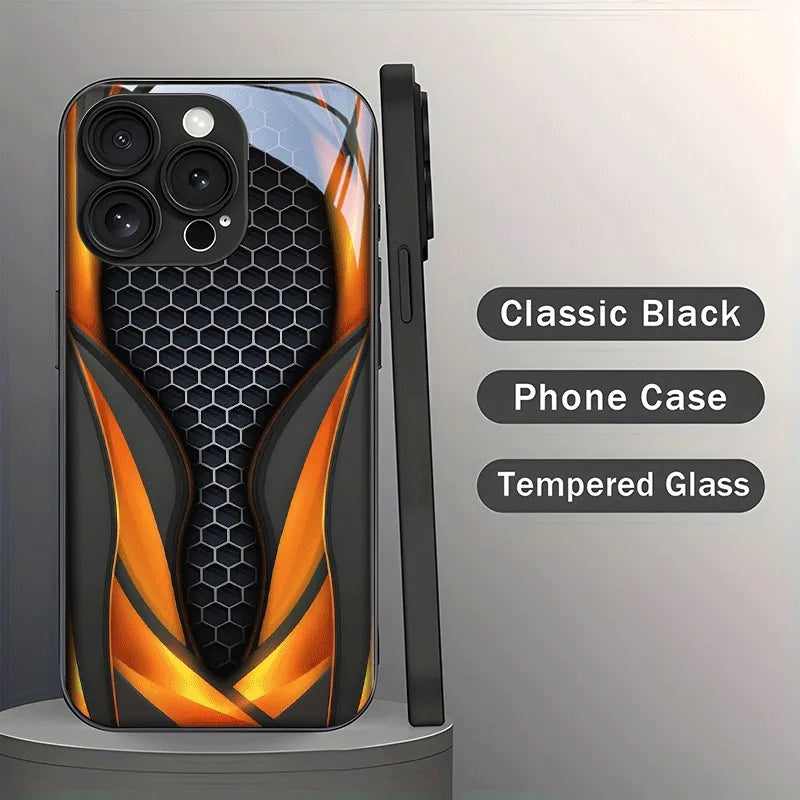 Black Orange Honeycomb Pattern Tempered Glass Phone Case for iPhone
