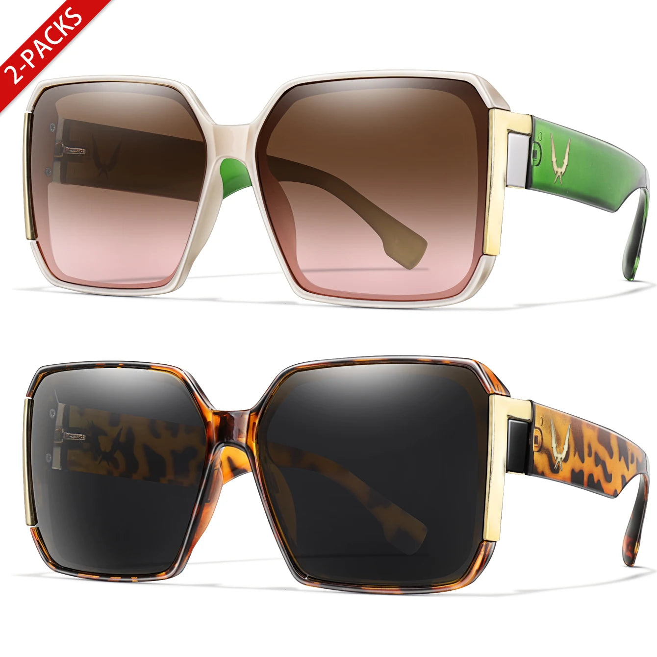 Elegant 2 Packs Unisex Square Sunglasses With UV Protection