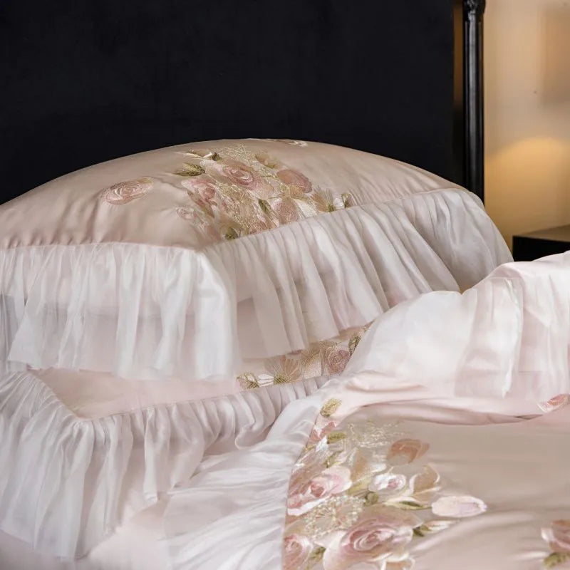 Beautiful Flowers Embroidery Ruffle Bedding Set 100% Cotton