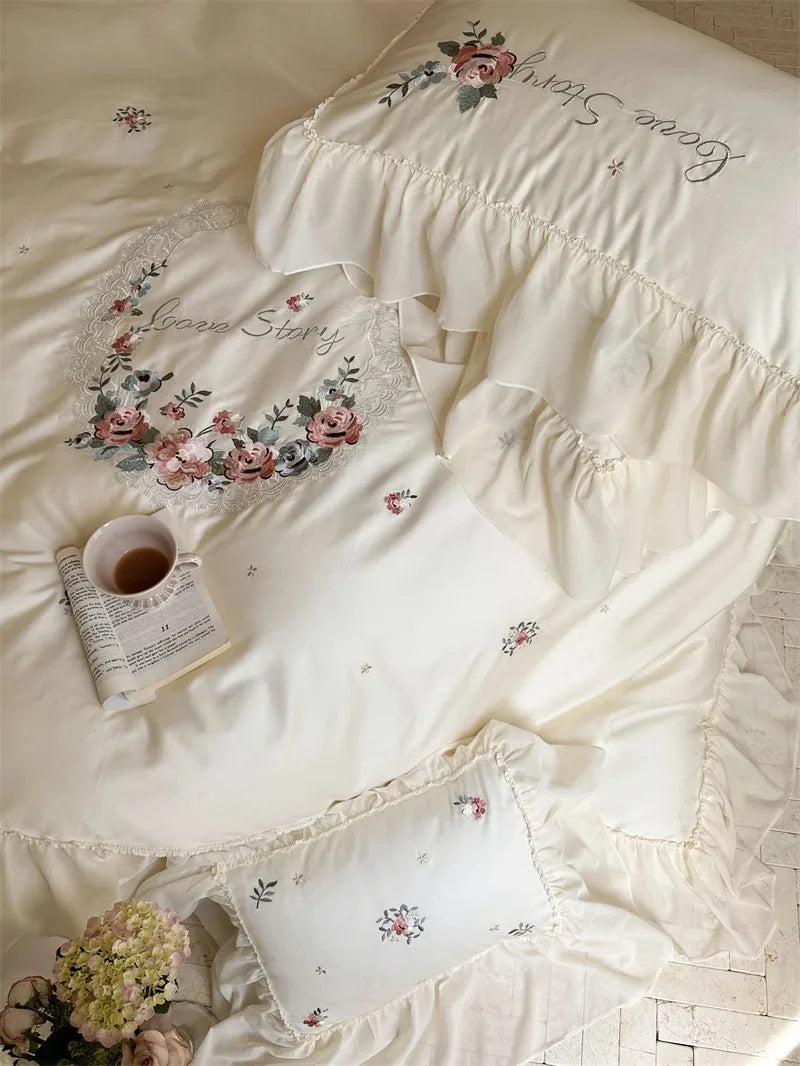100% Egyptian Cotton Floral Embroidery Luxurious Bedding Set