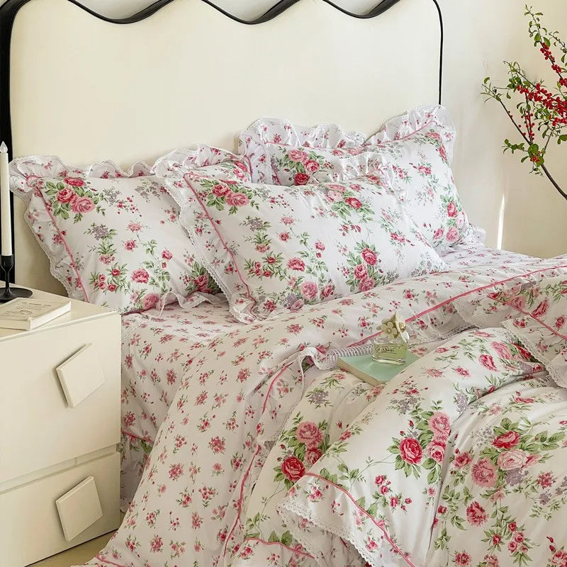 Elegant Ruffle Elegant Vintage Floral Bedding Set 100% Cotton