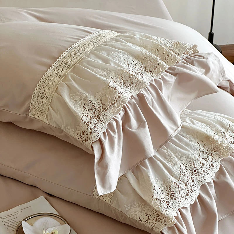 Elegant French Lace Ruffle Bedding Set 100% Cotton