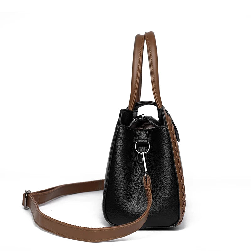 Two Color Genuine Soft Leather 3-layer Top-Handle Bag