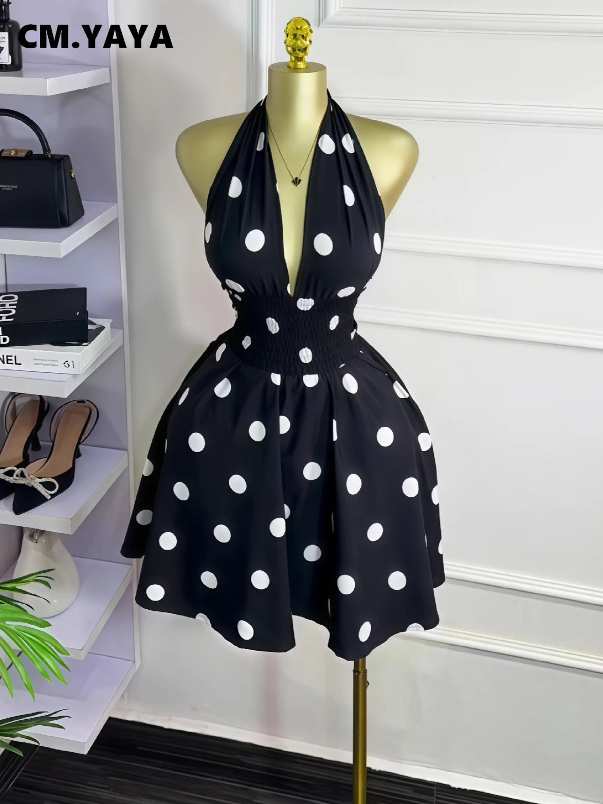 Women’s Polka Dot Sleeveless Halter V-Neck A-Line Mini Dress