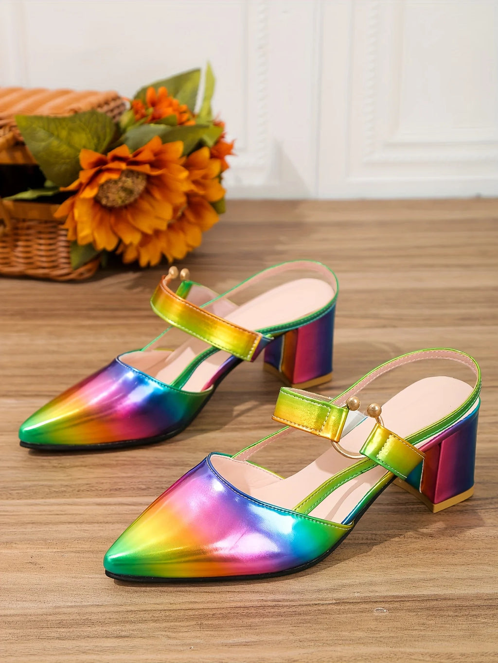 Two-Color Pointed Toe Block Sandals