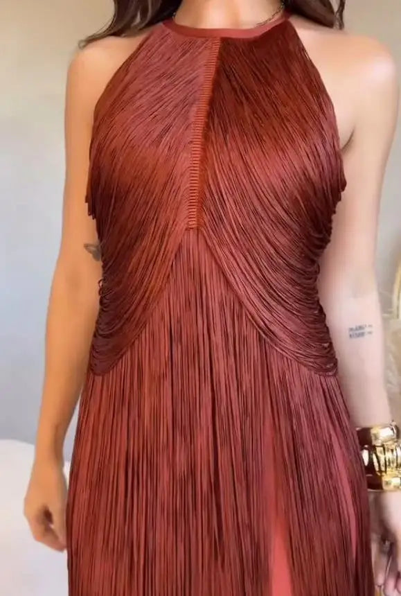 Women 2026 Spring Summer Solid Color Halter Tassel Long Dress