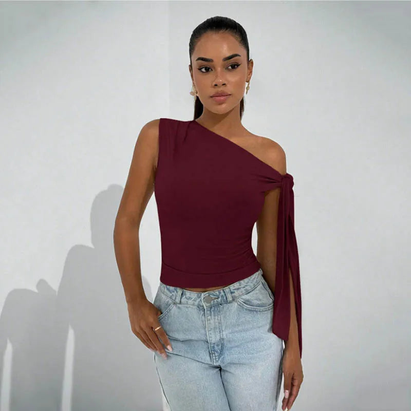 Women’s Elegant Sleeveless Slim Fit Top with Knot Necktie