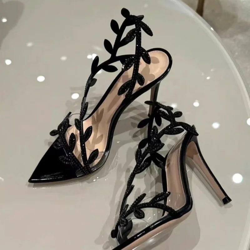 Summer Crystal Rhinestone Leaf High Heels Sandals