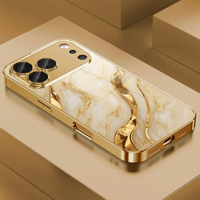 Golden Marble Waves Metallic Tempered Glass iPhone Case
