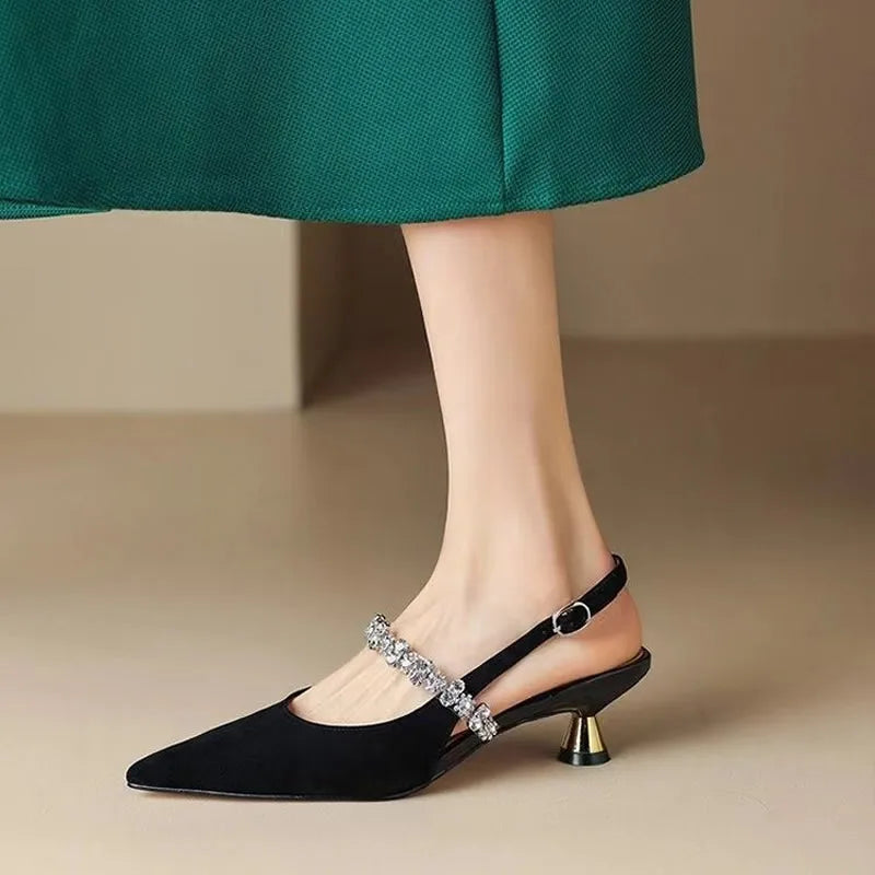 Women’s Rhinestone Slingback Mid Heel Pumps