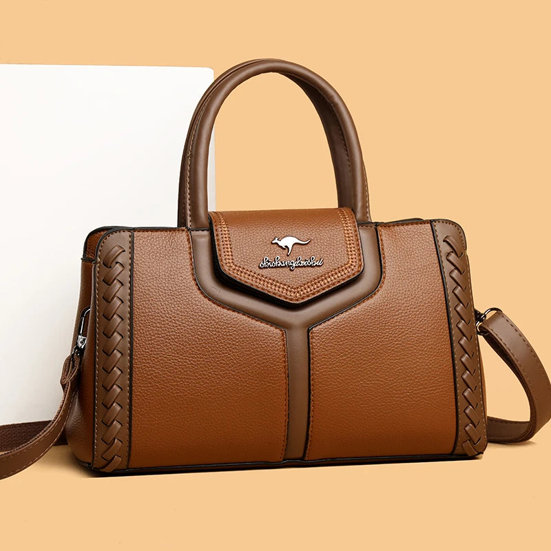 Two Color Genuine Soft Leather 3-layer Top-Handle Bag